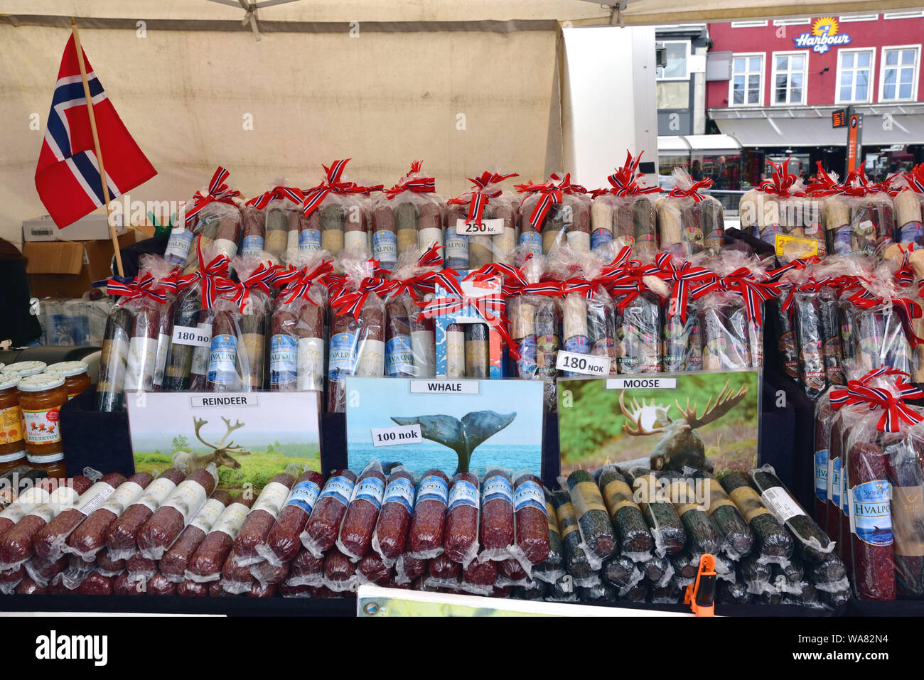 Stall at the Fish Market in Bergen, Norway, selling reindeer, whale and