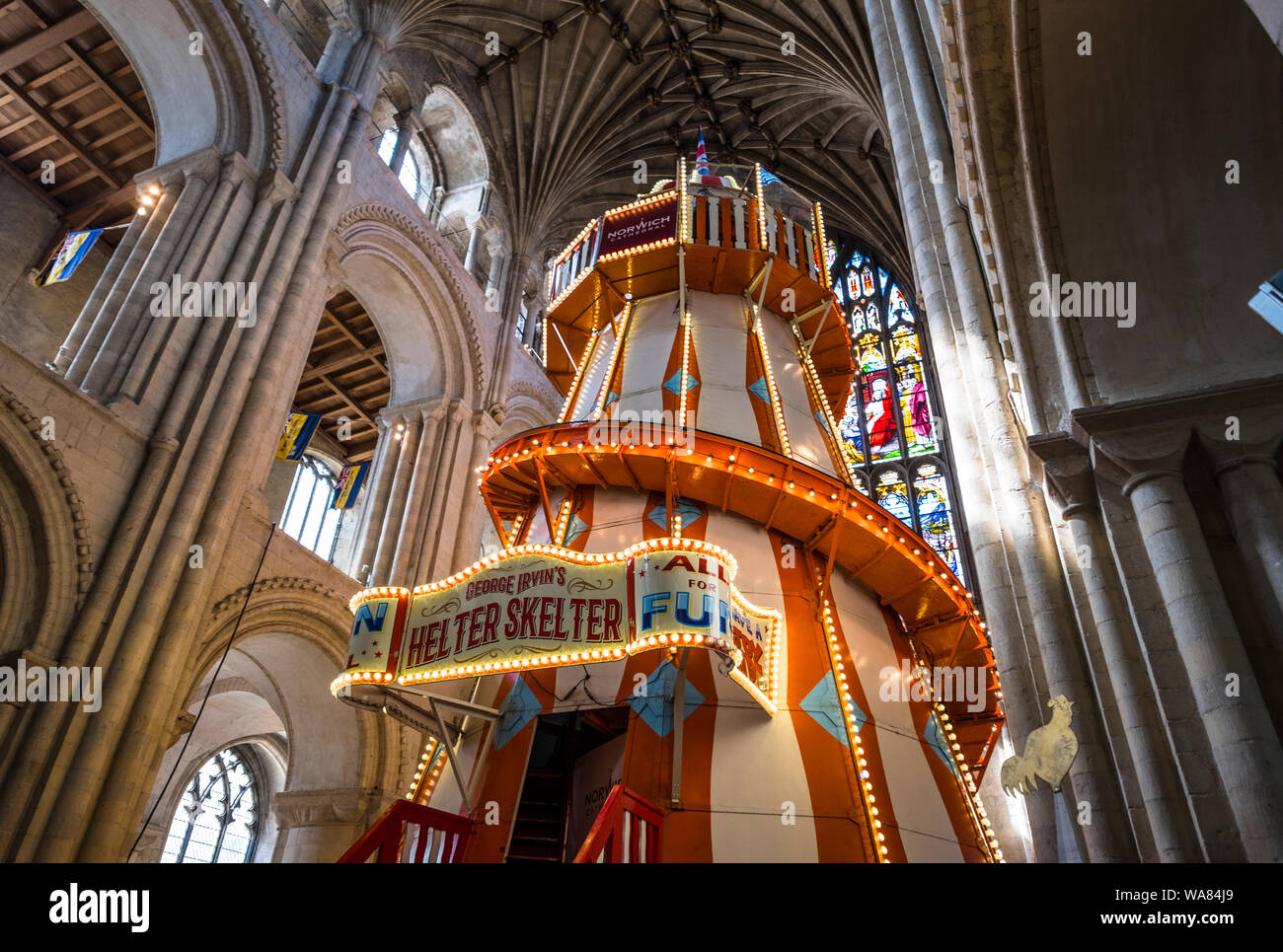 A helter skelter in the nave of Norwich Cathedral. Part of the 'Seeing things different project'. Stock Photo