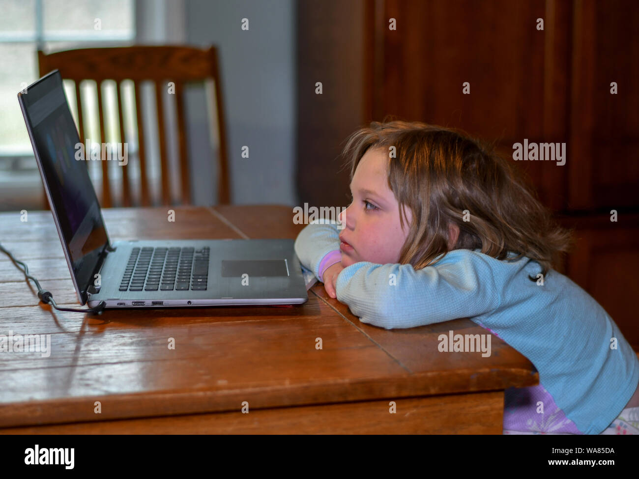 child in her pajamas relaxes at the table with grandma's laptop, watching kids song videos Stock Photo
