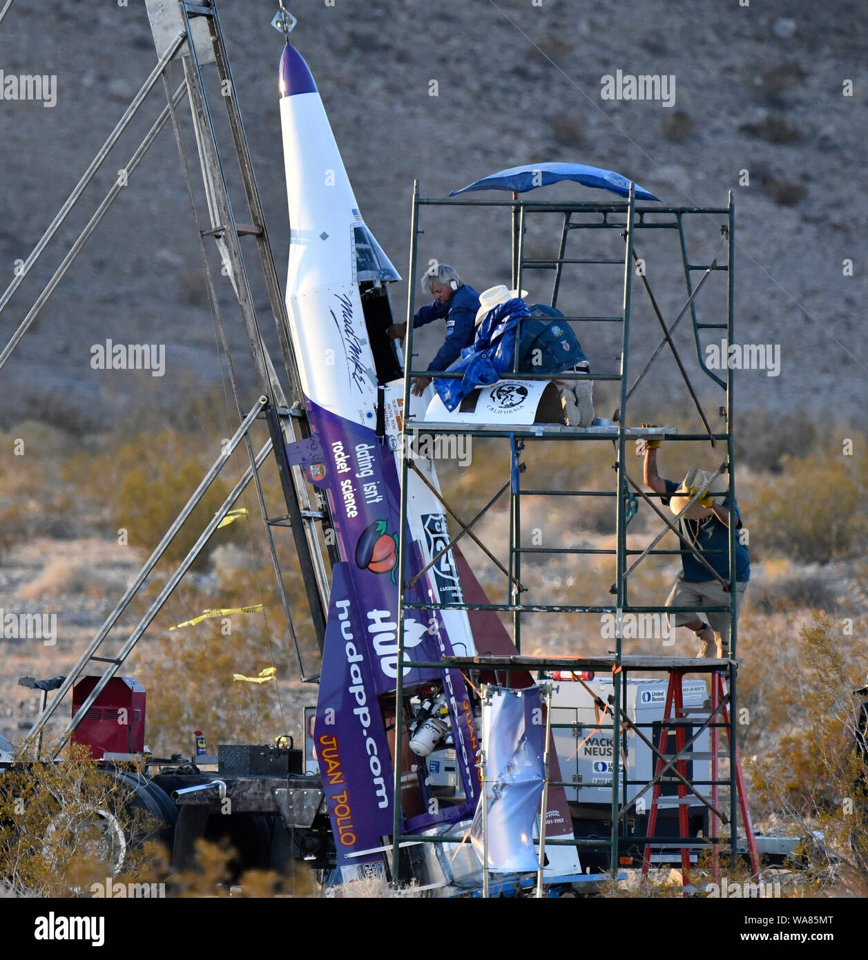After a long 8+hours in 110 degree heat ''Mad'' Mike Hughes and crew suffered a 3rd scrub launch attempt  Saturday  Aug 17,2019. Mike started to feel burning pains on his back after getting into the cockpit before launching, with the cause after a long time of heating a trying to get to 250 psi the seat was over heating from this and they called off the launch at 7:30pm. Mike was wearing a full fire jump suit but the heat from the pads of the seat were to hot to sit on. They will try again next weekend Aug 24-25th as this is part of being filmed by the Science Channel for the upcoming new seri Stock Photo