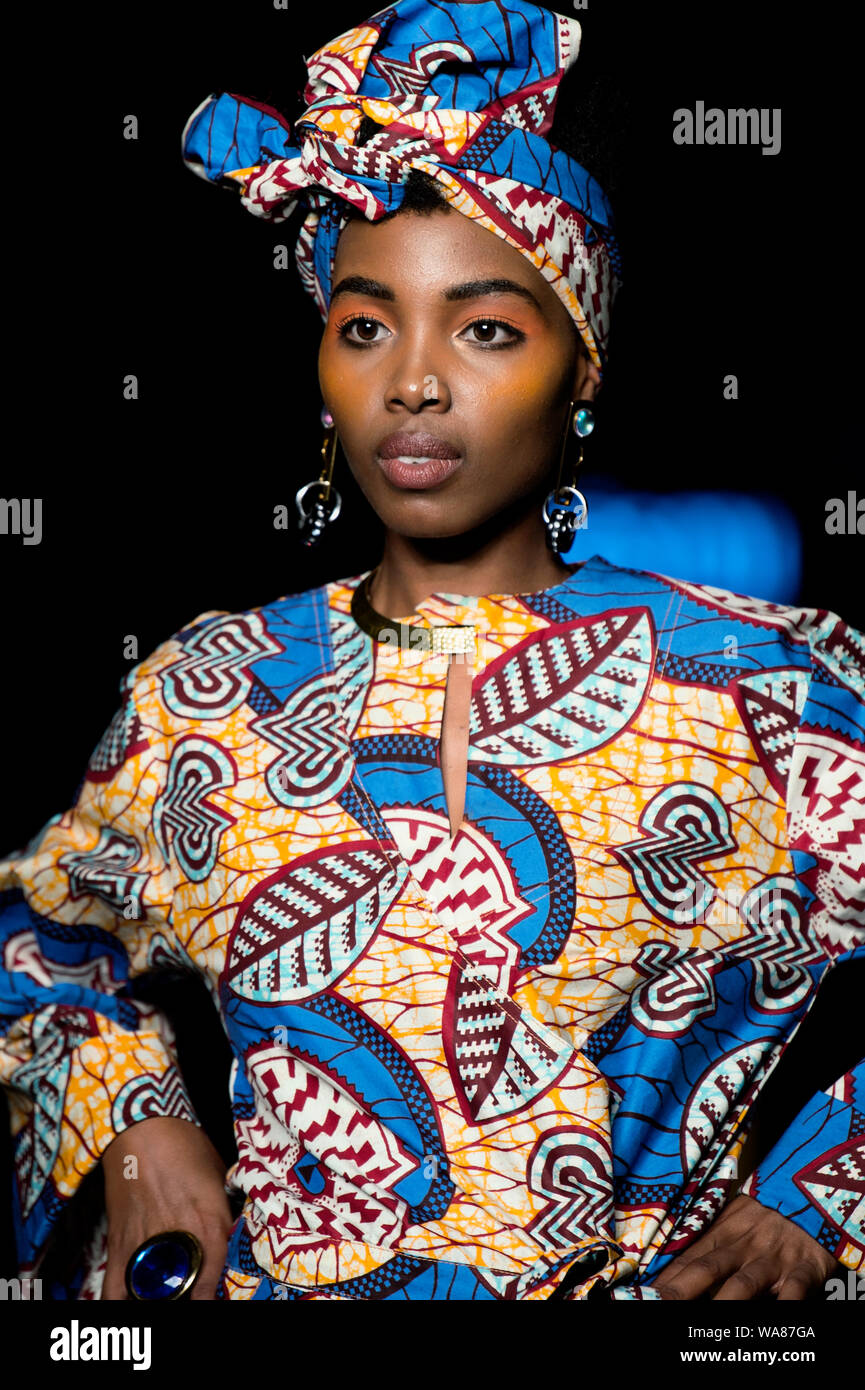 Africa Fashion Show London 2019. Selected image from runway shows highlighting designer trends & vibrant prints. Stock Photo