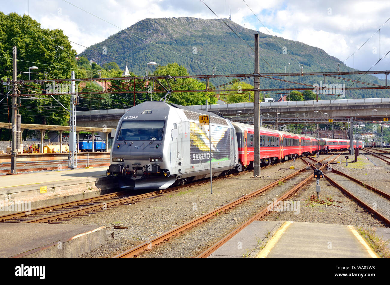 NSB Class EL 18 electric locomotive no. 2249 arrives at Bergen Central Station on a service from Oslo. Stock Photo