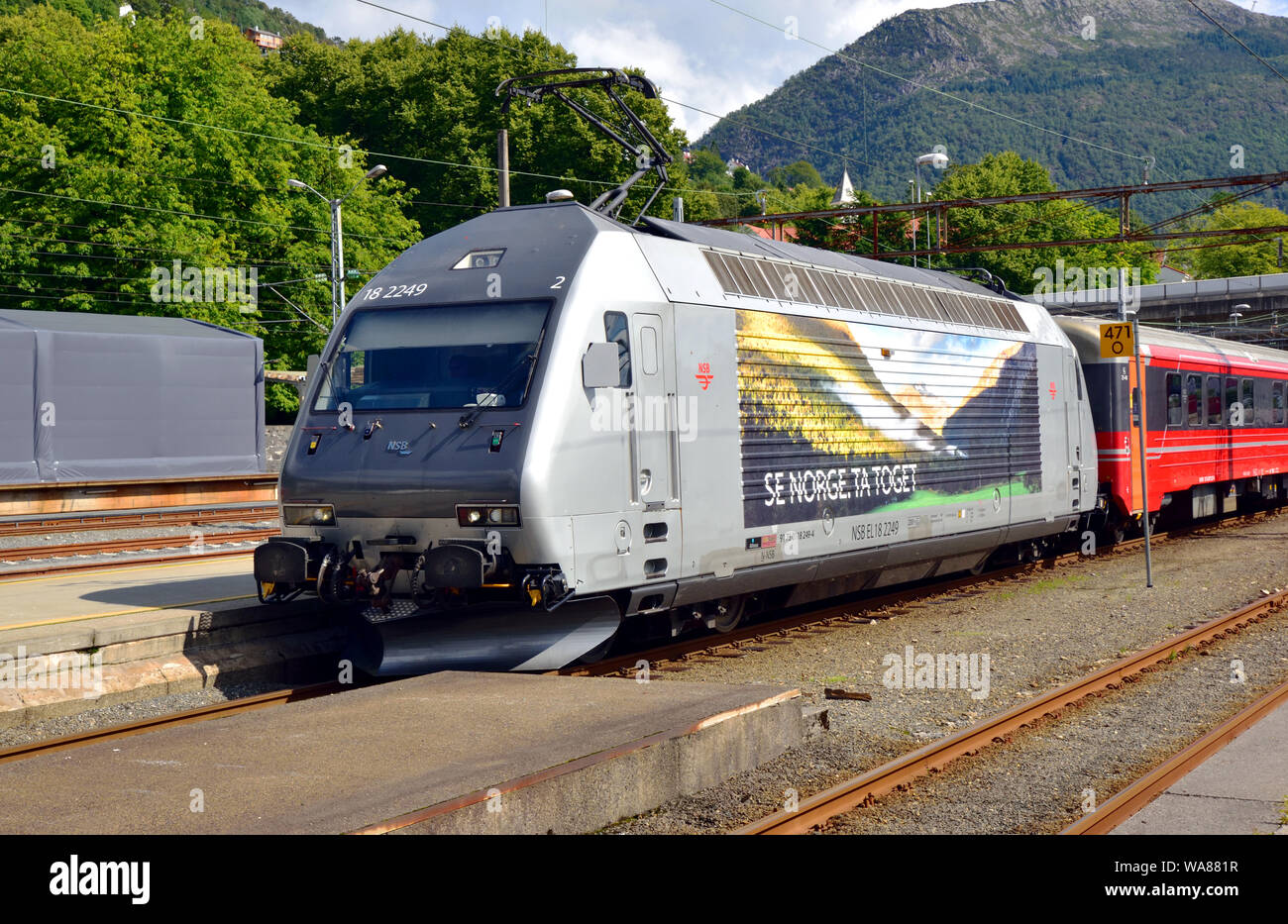 NSB Class EL 18 electric locomotive no. 2249 arrives at Bergen Central Station on a service from Oslo. Stock Photo