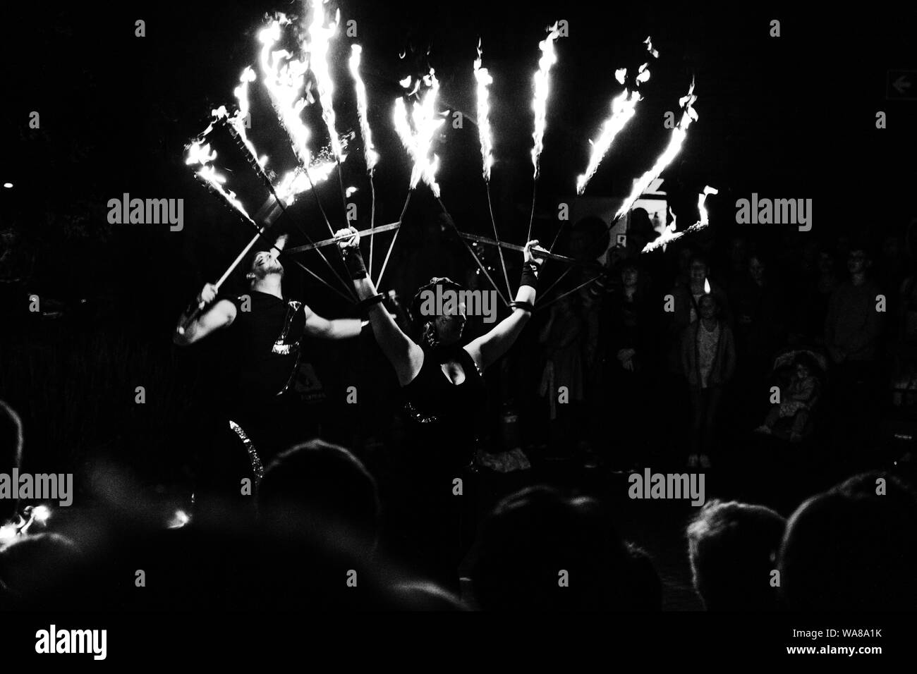 HAMM, GERMANY 18.08.2019: Fakir, fire show. Black and white photo. Stock Photo