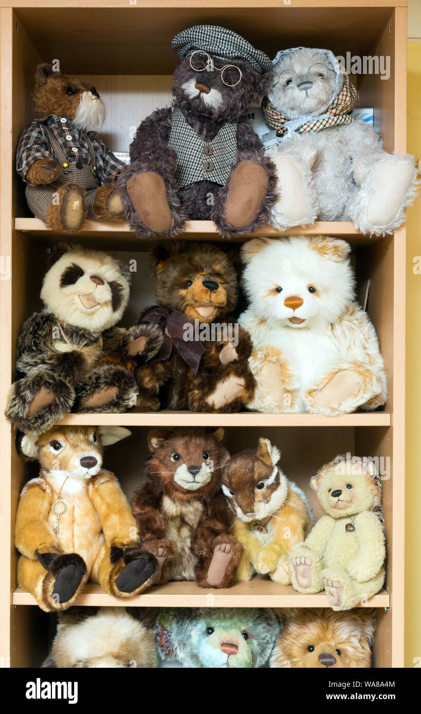 Teddy bear collection on shelves Stock Photo