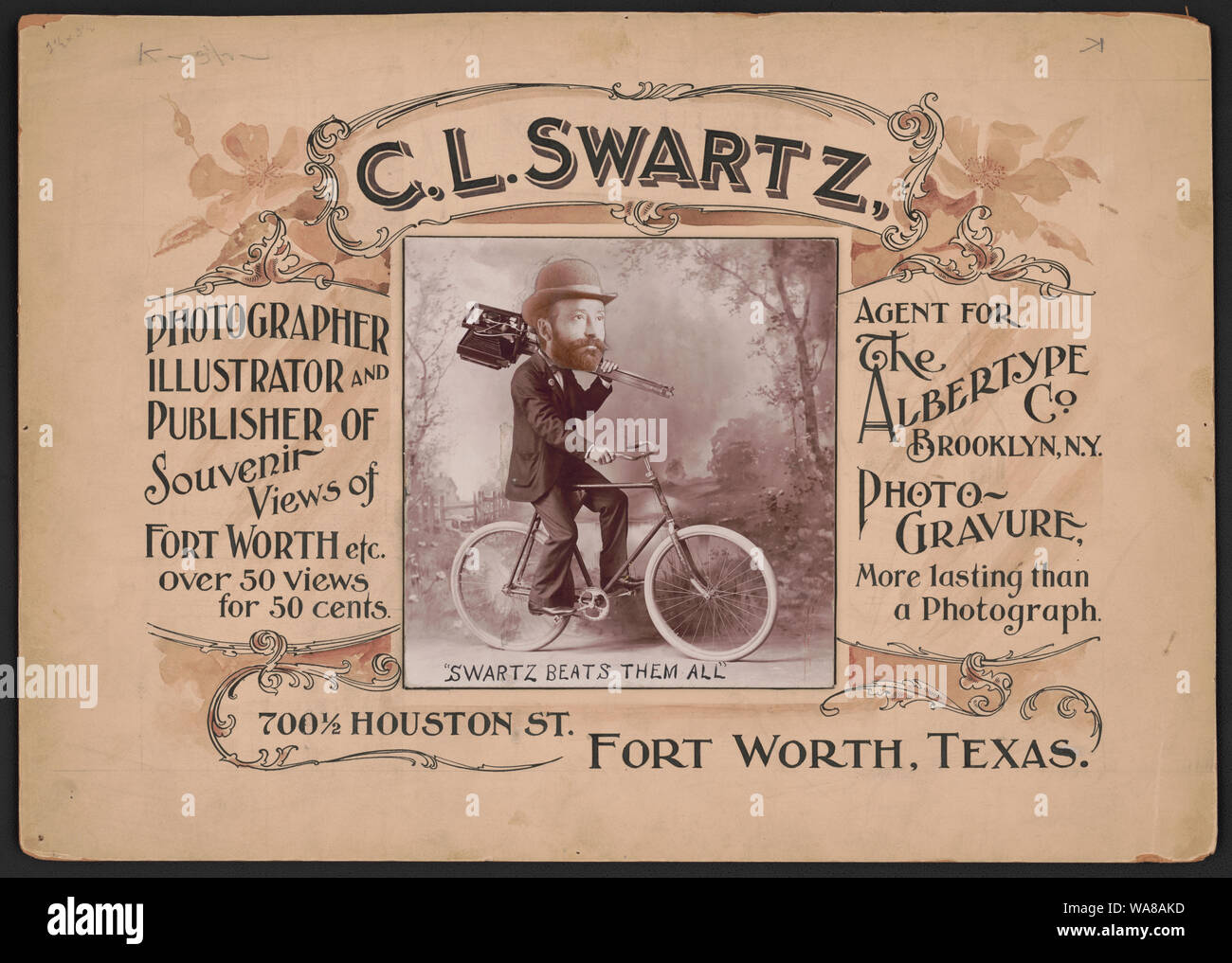 C.L. Swartz, photographer, illustrator and publisher of souvenir views of Fort Worth, etc., over 50 views for 50 cents ... Stock Photo