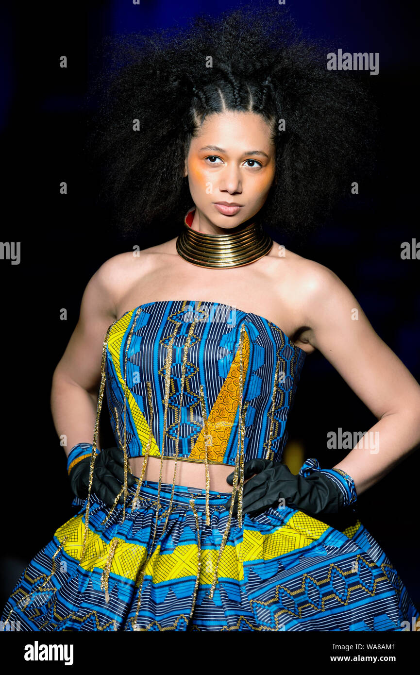 Africa Fashion Show London 2019. Selected image from runway shows highlighting designer trends & vibrant prints. Stock Photo