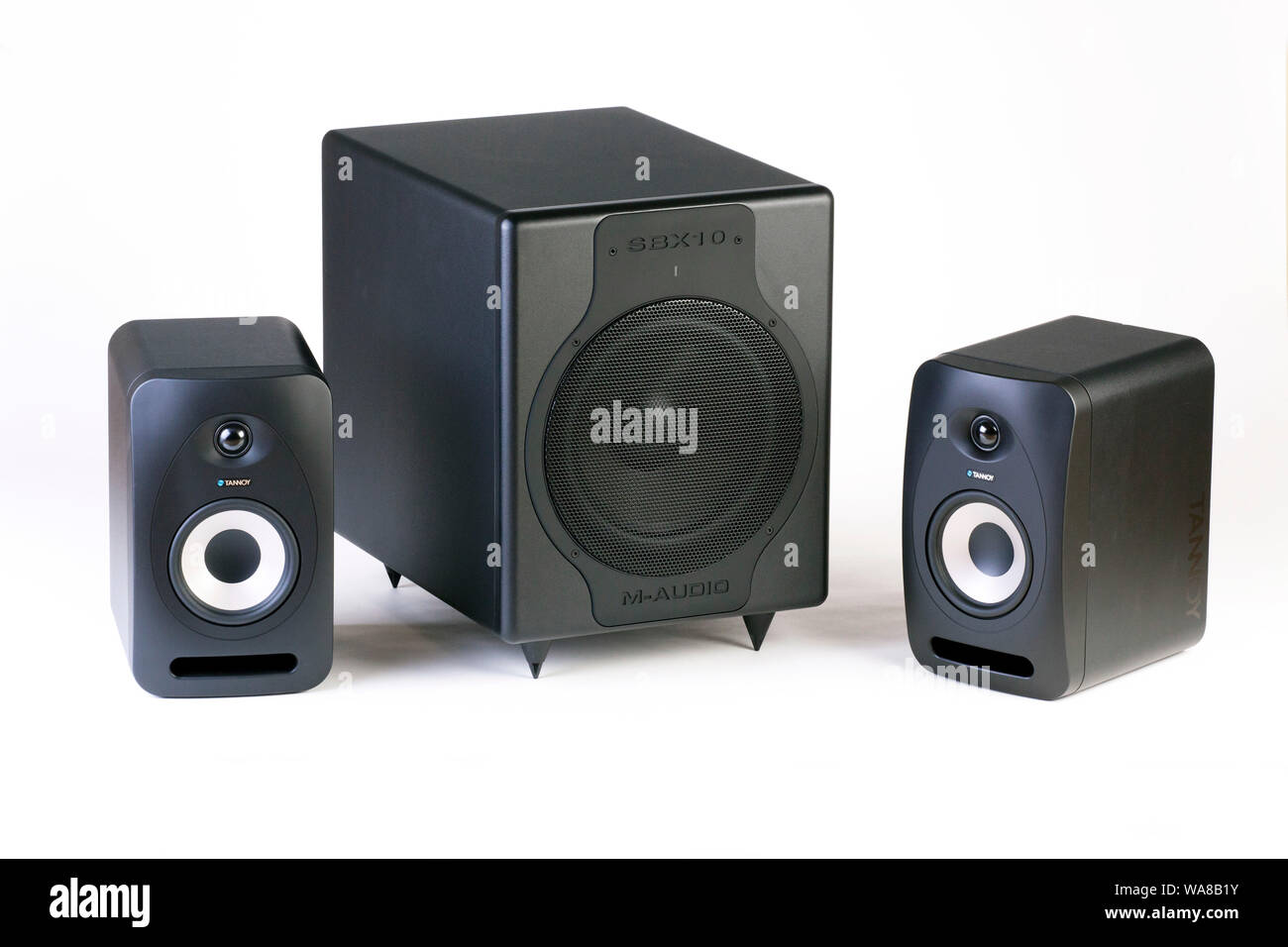 Tannoy studio monitors and M-Audio subwoofer loudspeakers Stock Photo