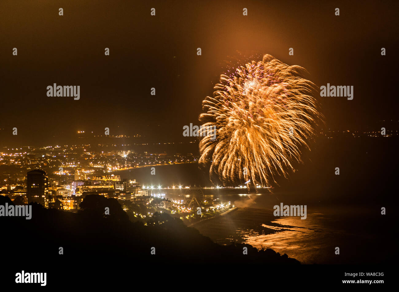 Eastbourne, East Sussex, UK..18th August 2019..The 27th annual International Air Show Firework Finale. A glittering end to the four day show on the South coast. Pictures taken from Beachy Head. . Stock Photo