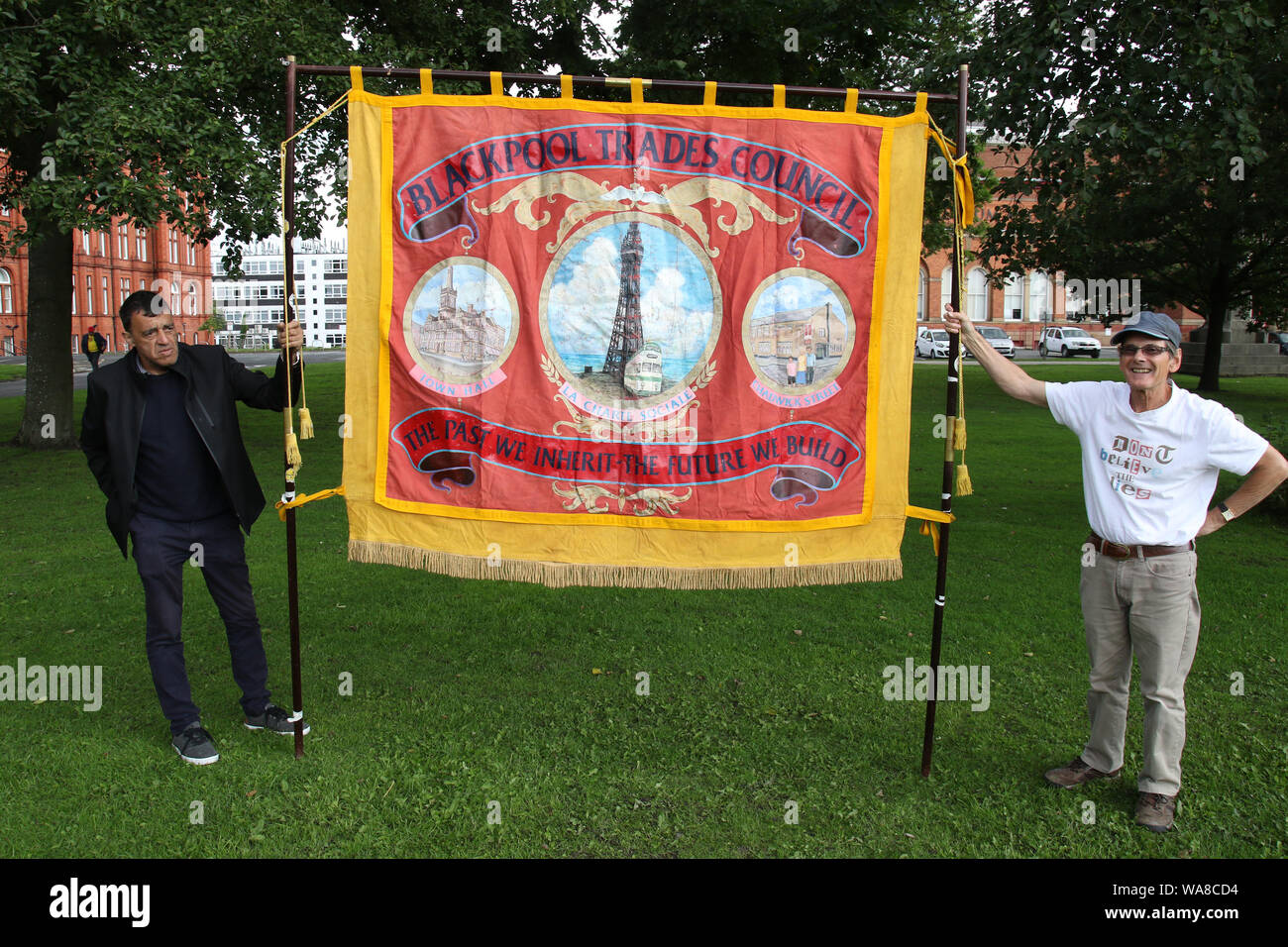 Trade Union's gather together to march the same route to Manchester that was taken 200 years ago to Peters Field and became known as Peterloo Massacre Stock Photo