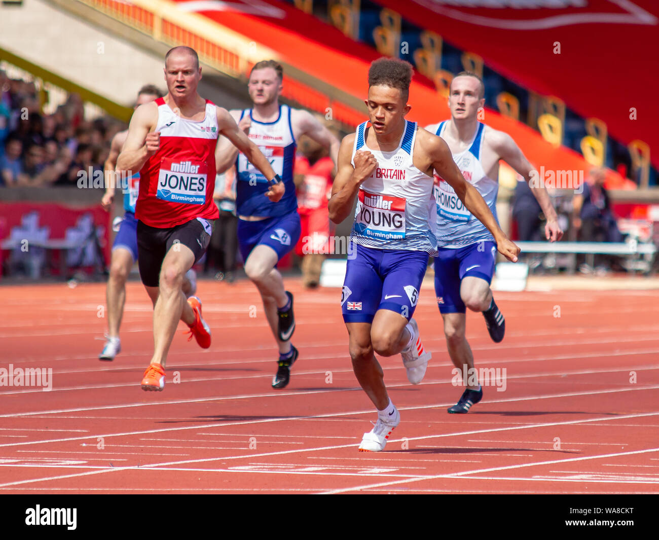 Competitors in action in the men's T35 / 38 100 metres, including Great Britain's Rhys Jones and Thomas Young, during the Birmingham 2019 Müller Grand Prix, at the Alexander Stadium, Birmingham. Stock Photo