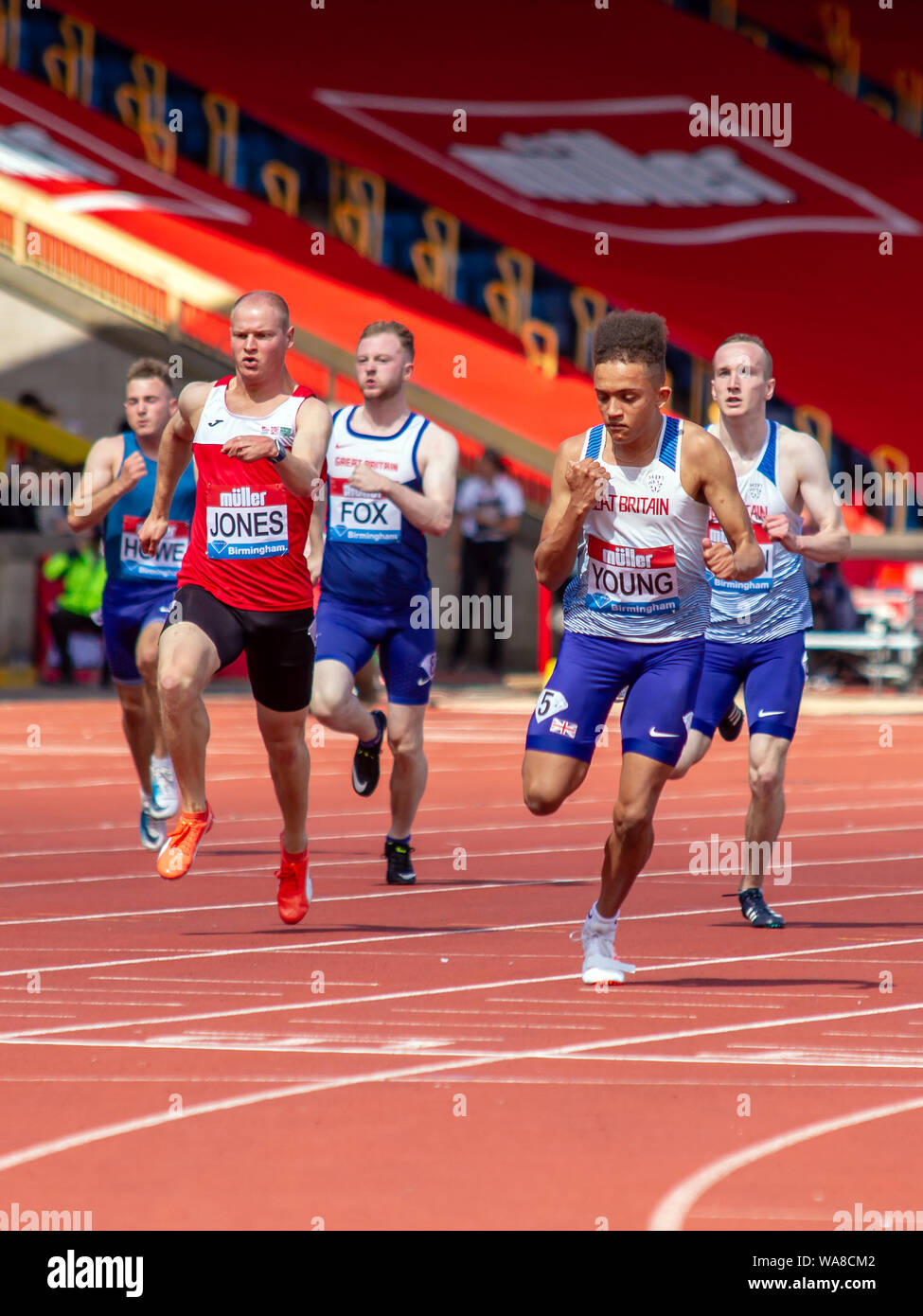 Competitors in action in the men's T35 / 38 100 metres, including Great Britain's Rhys Jones, George Fox and Thomas Young, during the Birmingham 2019 Müller Grand Prix, at the Alexander Stadium, Birmingham. Stock Photo