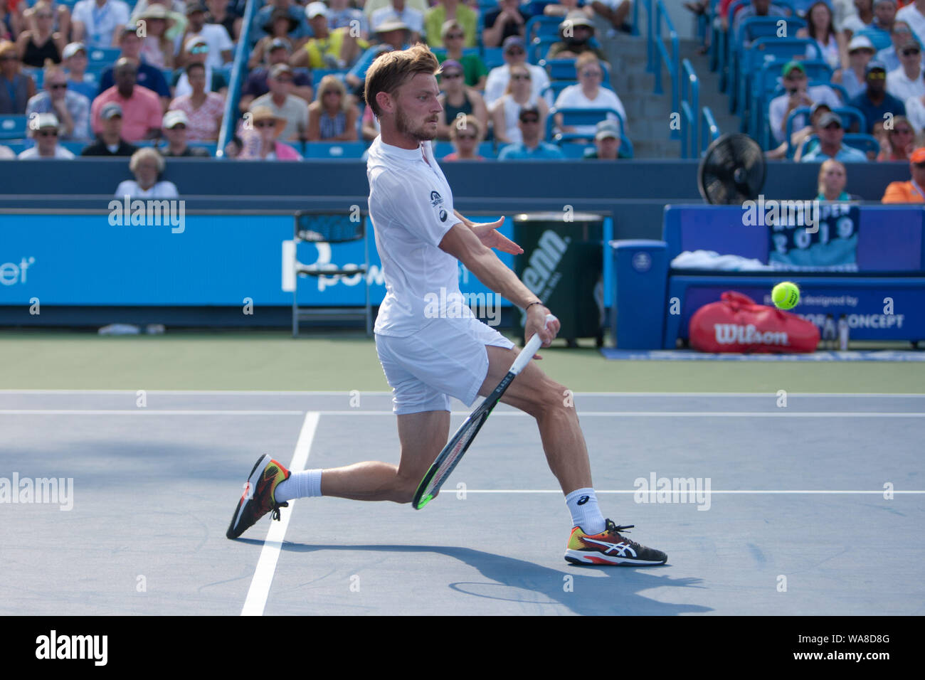 Cincinnati, OH, USA. 18th Aug, 2019. Western and Southern Open Tennis,  Cincinnati, OH; August 10-19, 2019. David Goffin in action against Daniil  Medvedev during the Western and Southern Open Tennis tournament played