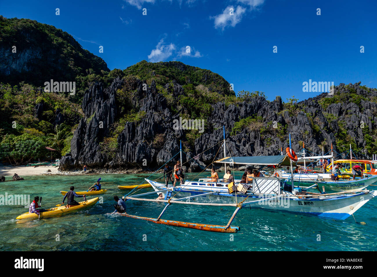 Traditional Wooden Banca Boats At The Small Lagoon, El Nido, Palawan, The Philippines Stock Photo