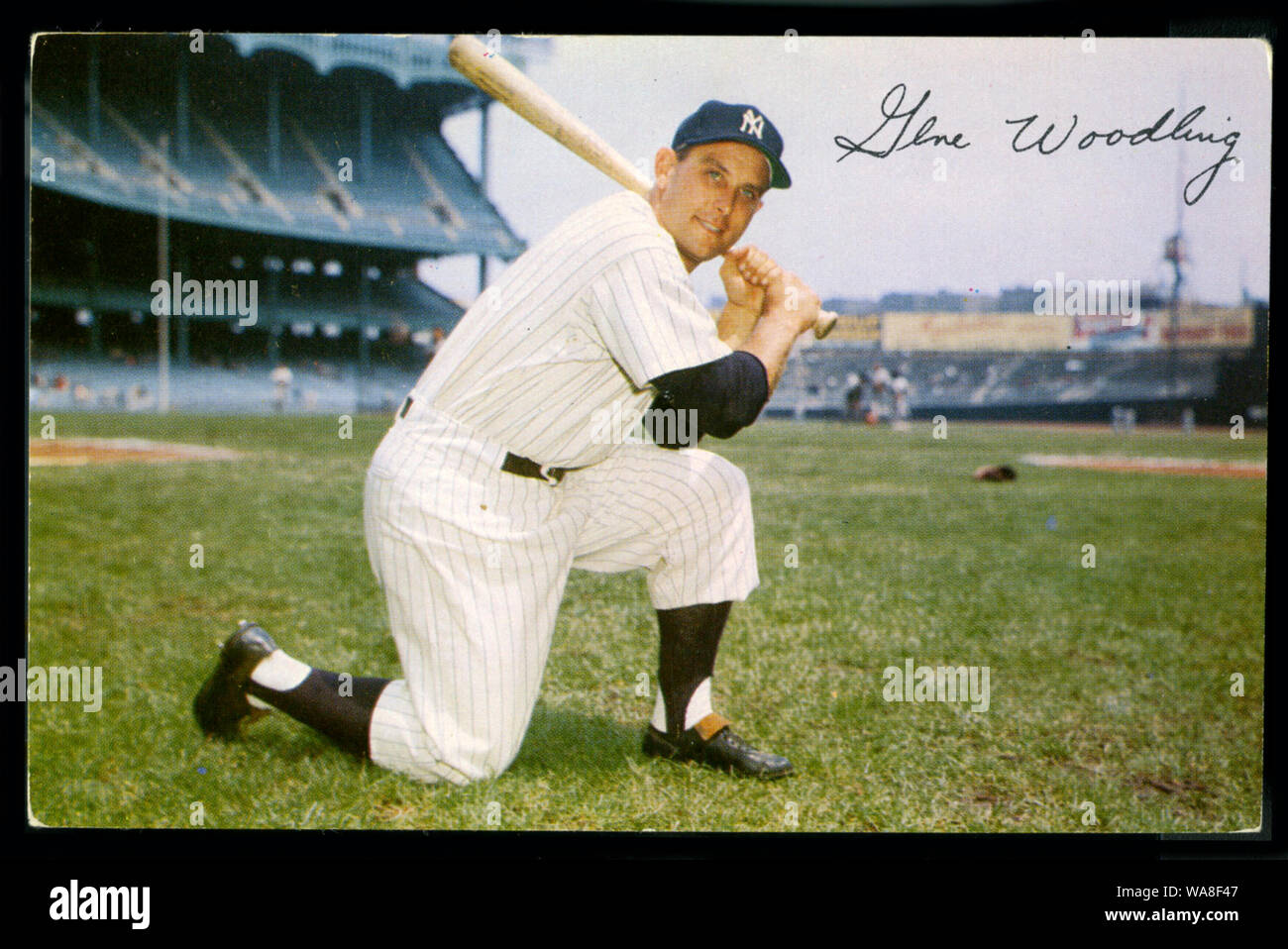 Gene Woodling in Vintage New York Yankees souvenir postcard photo at Yankee Stadium in New York Stock Photo