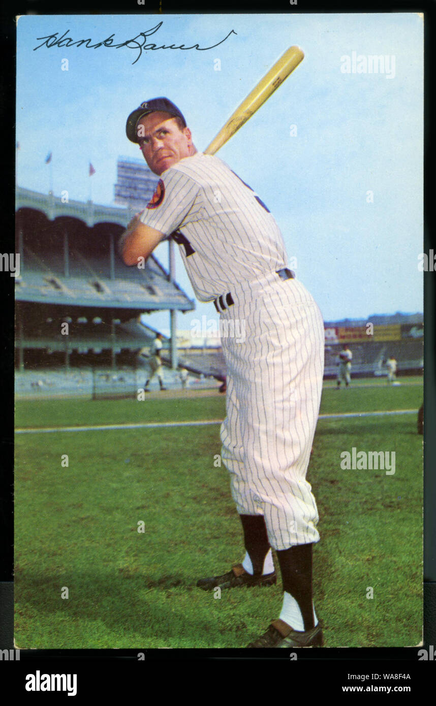 Hank Bauer in Vintage New York Yankees souvenir postcard photo at Yankee Stadium in New York Stock Photo