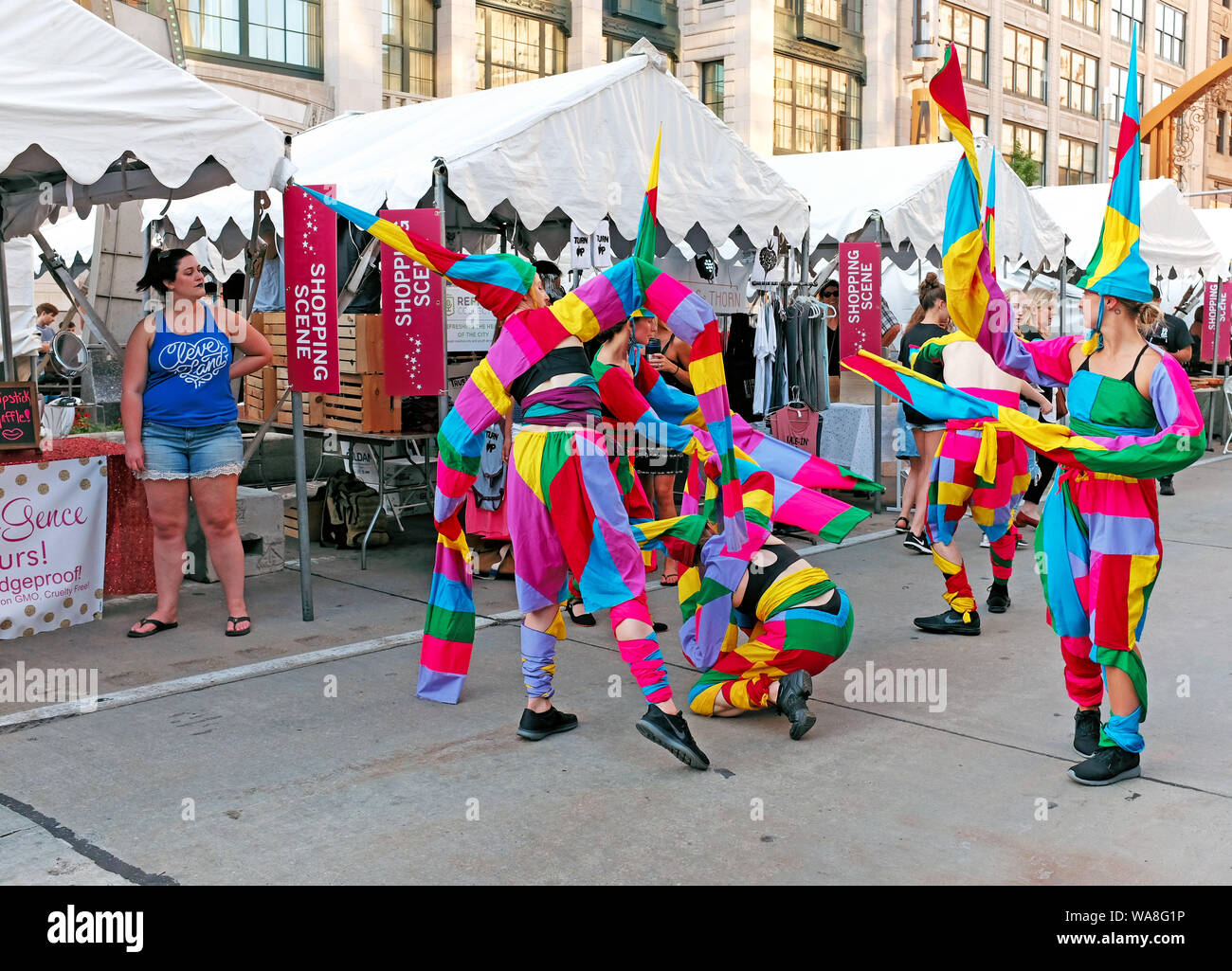Colorful and surreal street troupe perform during the 2018 Tri-C Jazz Festival in the Playhouse Square Theater district of Cleveland, Ohio, USA. Stock Photo
