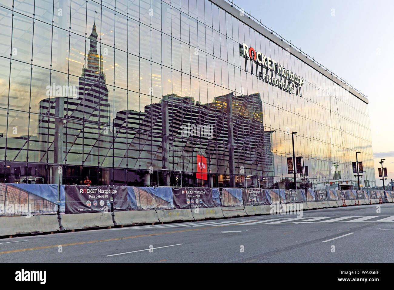 The Rocket Mortgage Fieldhouse, previously Gund Arena and the Q, renovations near completion with the new window wall reflecting the city skyline. Stock Photo