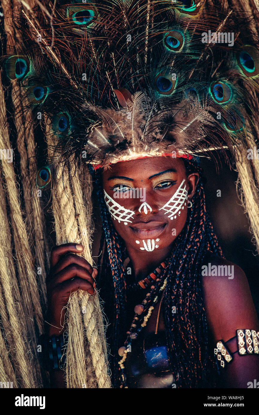 Actress poses dressed like a Taino woman, the old tribe of people who lived in the island of La Hispaniola before the arrival of Christopher Columbus Stock Photo