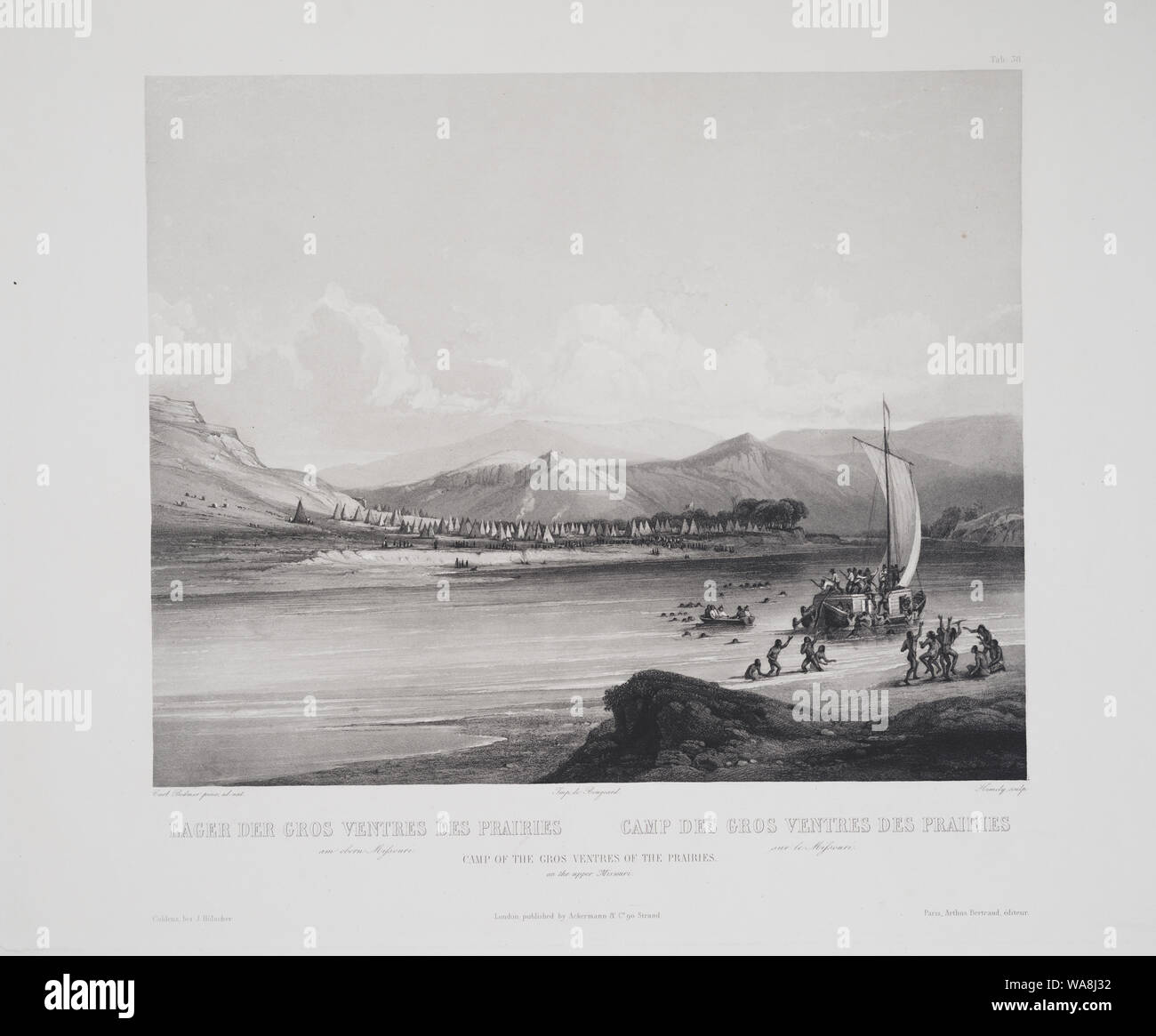 Camp of the Gros Ventres of the prairies on the upper Missouri Abstract: Print shows a large Hidatsa Indians camp in the background; a group of Indians in the foreground are dancing on the shore while others are in the water boarding and attacking passengers on a ship. Stock Photo