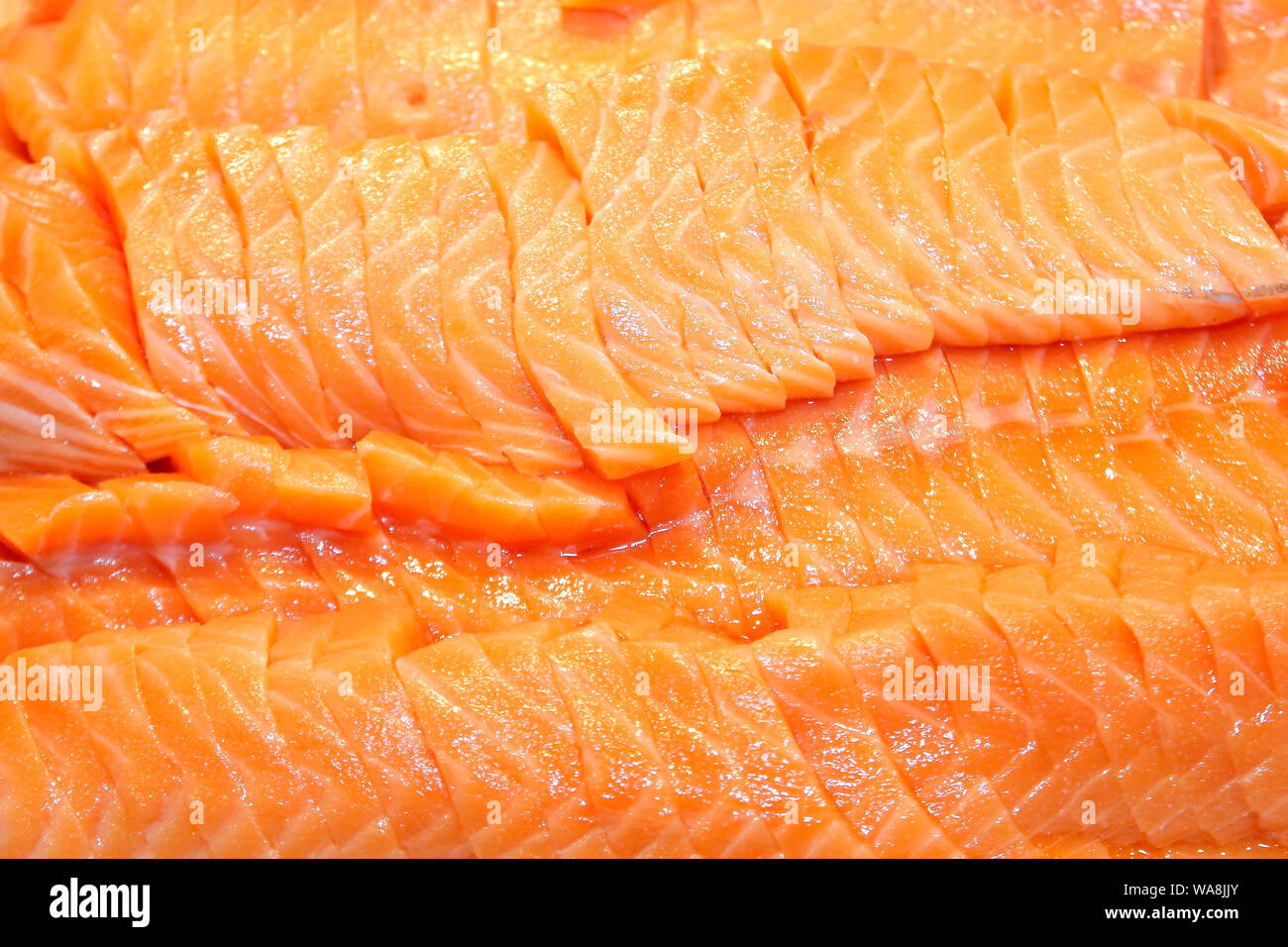 japanese food, salmon sashimi on buffet line Stock Photo