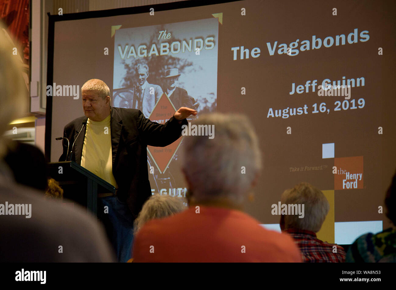 August 16, 2019, Detroit, Michigan, United States: Aug 16, 2019,  Dearborn, Michigan, United States;  Simon and Shuster author Jeff Guinn gives a program promoting his latest book :The Vagabonds'' who were the perod friends Thomas Edison, Henry Ford and Harvey Firestone who traveled together on road trips from 1914 to 1923. The Henry Ford Museum includes exhibits ranging from Transportation to History and Society and artifacts from the first Mustang Convertible to The bus that Rosa Parks rode to begin the civil rights movement to chair where President Lincoln was shot all located in Dearborn, Stock Photo