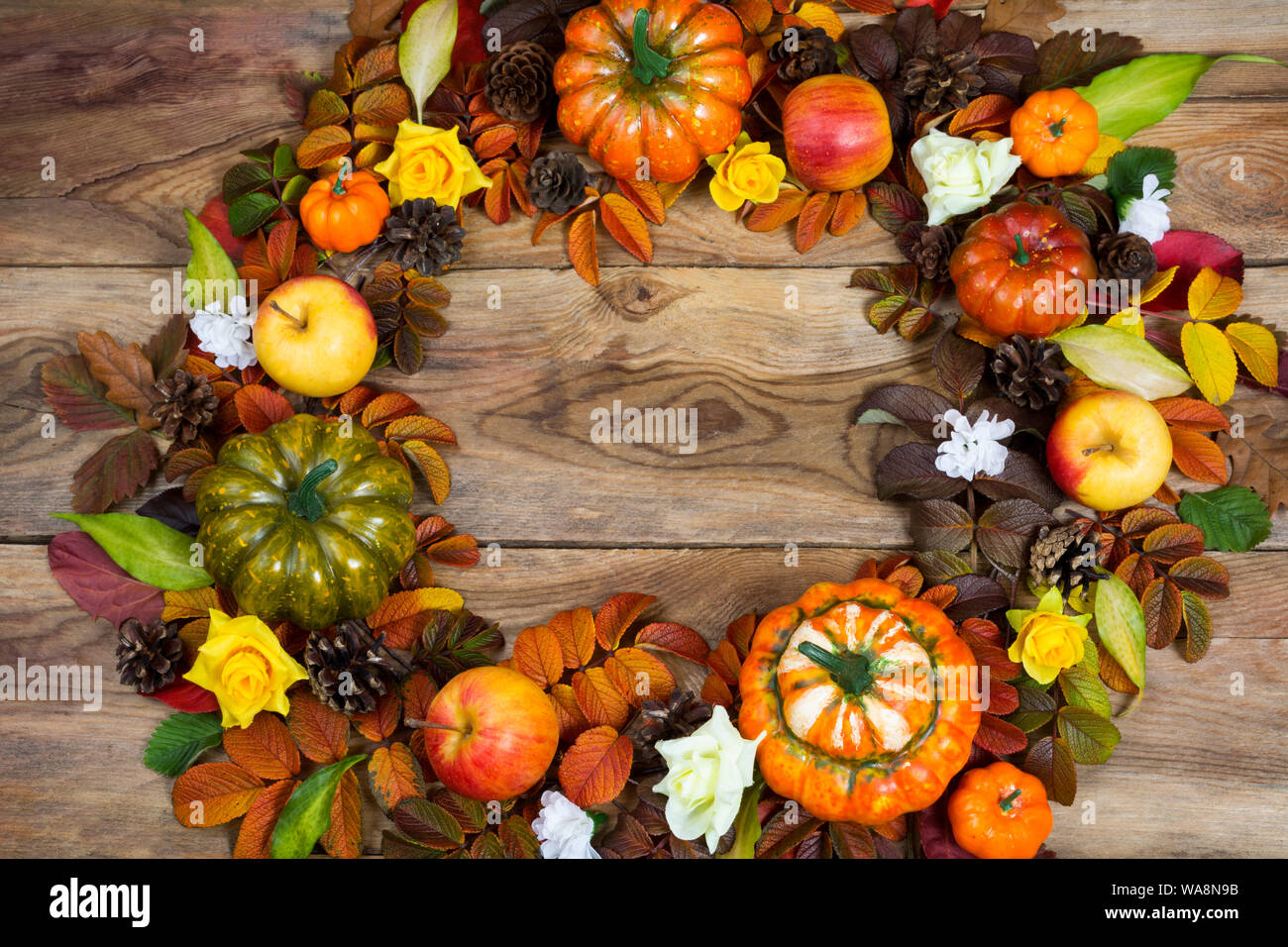 Thanksgiving wreath with pumpkins, apples, colorful fall leaves, pine cones, yellow roses and white flower wreath on the rustic wooden background Stock Photo