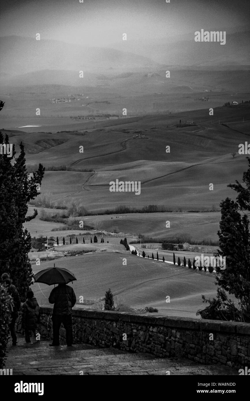 Vertical shot of people walking down the stairway with a view of grass fields in black and white Stock Photo