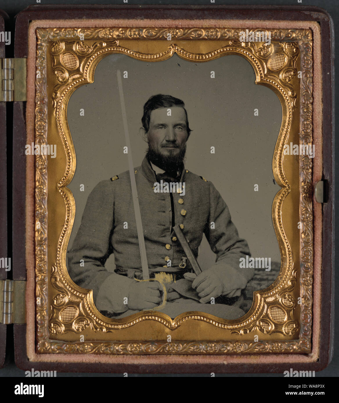 Captain David Thompson of Caldwell Minute Men (later Caldwell LIght Infantry); Company D, 1st Infantry Regiment 4th Division Missouri State Guard; and Company H, 2nd Missouri Infantry Regiment; holding sword Stock Photo