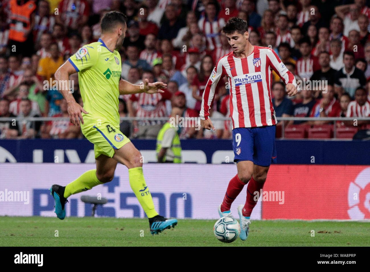 Atletico de Madrid's Alvaro Morata and Getafe CF's Bruno Gonzalez are seen in action during the La Liga football match between Atletico de Madrid and Getafe CF at Wanda Metropolitano Stadium in Madrid.(Final score; Atletico de Madrid 1:0 Getafe CF) Stock Photo