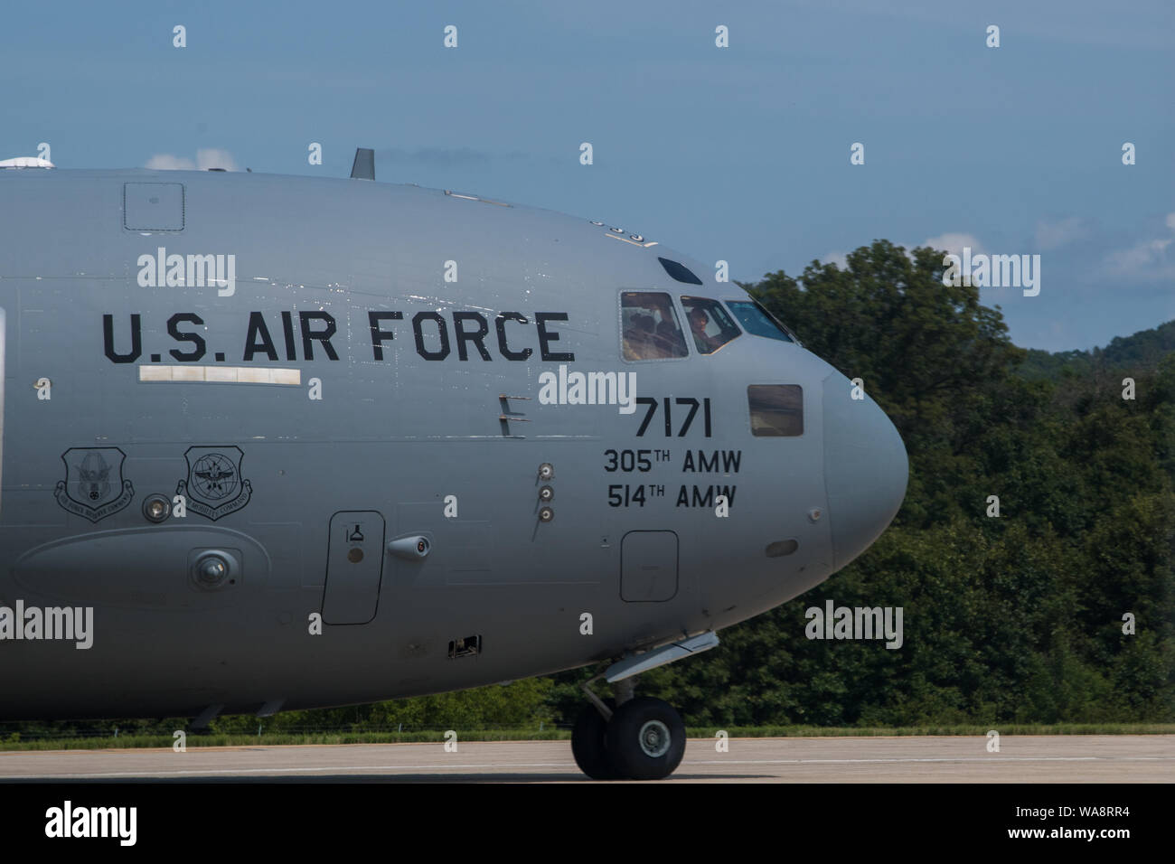 A U.S. Air Force C-17 Globemaster III assigned to Joint Base McGuire-Dix-Lakehurst, New Jersey, lands at Sparta/Fort McCoy Airport, Wisconsin, Aug. 17, 2019, as part of exercise Patriot Warrior. Patriot Warrior is Air Force Reserve Command's premier exercise providing Airmen an opportunity to train with joint and international partners in airlift, aeromedical evacuation, and mobility support. The exercise builds on capabilities for the future fight, increasing the readiness, lethality and agility of the Air Force Reserve. (U.S. Air Force Photo by Staff Sgt. Christopher Dyer) Stock Photo