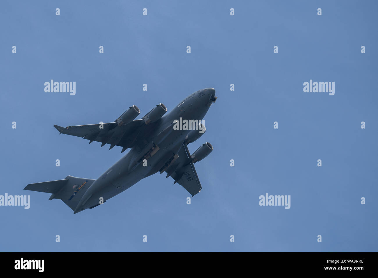 A U.S. Air Force C-17 Globemaster III assigned to Joint Base McGuire-Dix-Lakehurst, New Jersey, lands at Sparta/Fort McCoy Airport, Wisconsin, Aug. 17, 2019, as part of exercise Patriot Warrior. Patriot Warrior is Air Force Reserve Command's premier exercise providing Airmen an opportunity to train with joint and international partners in airlift, aeromedical evacuation, and mobility support. The exercise builds on capabilities for the future fight, increasing the readiness, lethality and agility of the Air Force Reserve. (U.S. Air Force Photo by Staff Sgt. Christopher Dyer) Stock Photo