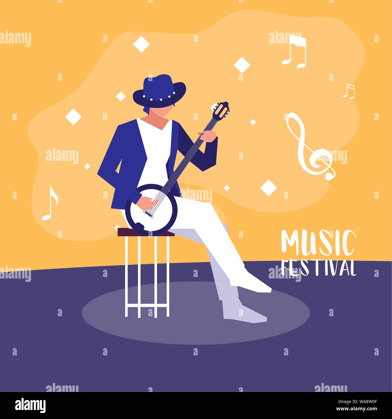 music festival poster with man playing banjo vector illustration design