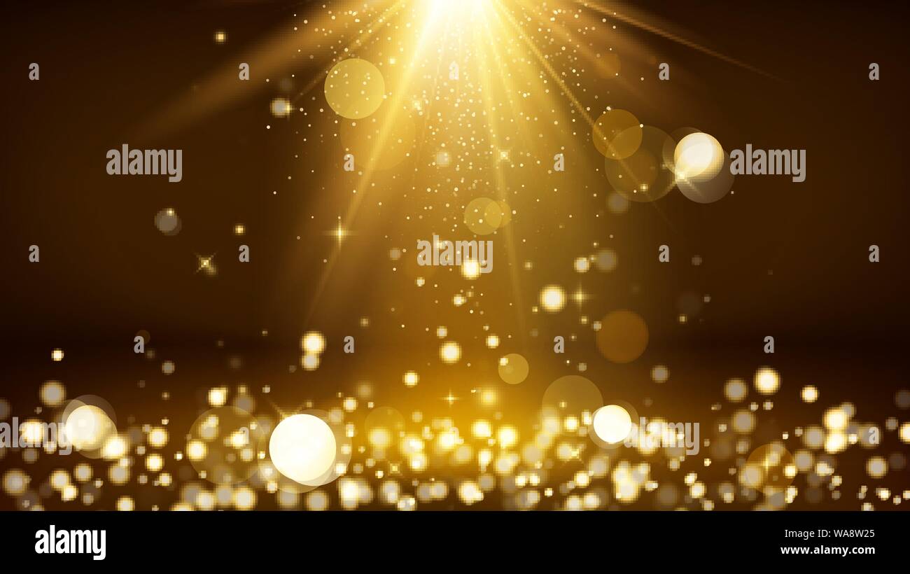 Light rays and golden falling glittering dust. Shiny spotlight or scene. Blurred lights bokeh. Vector illustration Stock Vector