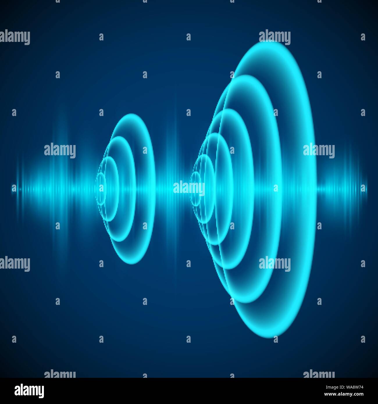 Abstract digital sound wave. Sine wave on dark background. Radial sonar waves. Vector illustration Stock Vector