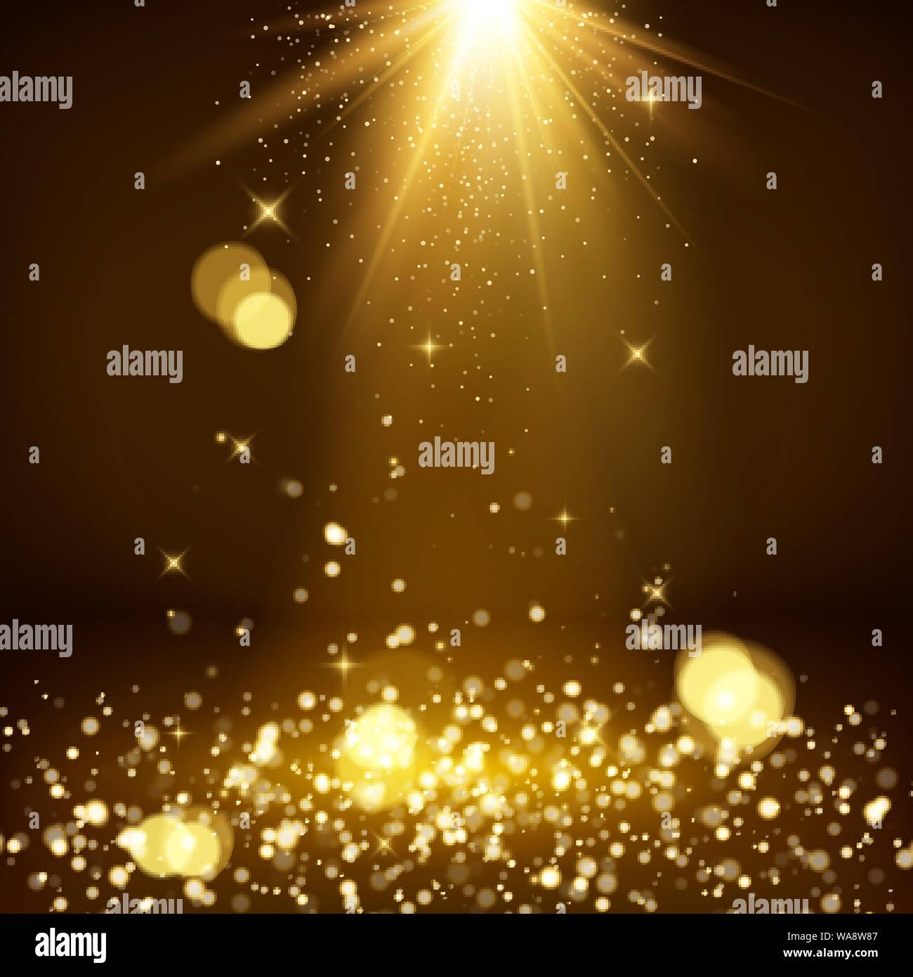 Light rays and golden falling glittering dust. Magic background. Shiny spotlight or scene. Blurred lights bokeh. Vector illustration Stock Vector