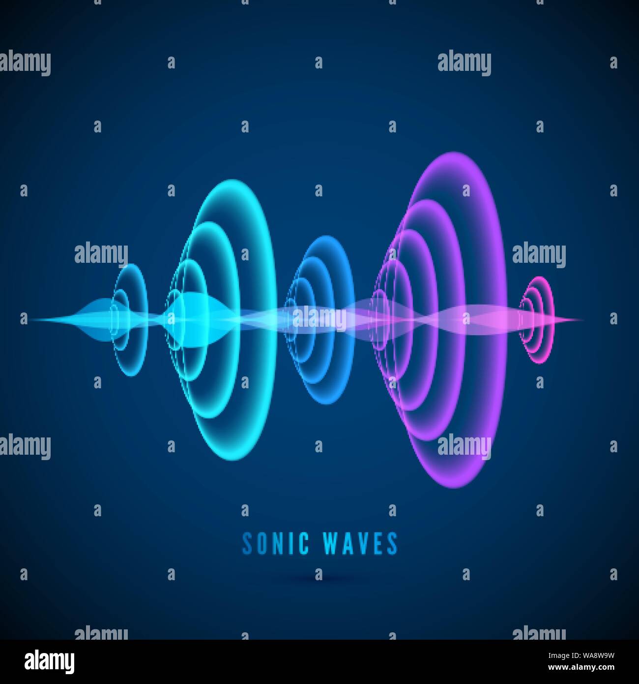 Color abstract digital sound wave. Sine wave on dark background. Radial sonar waves. Vector illustration Stock Vector