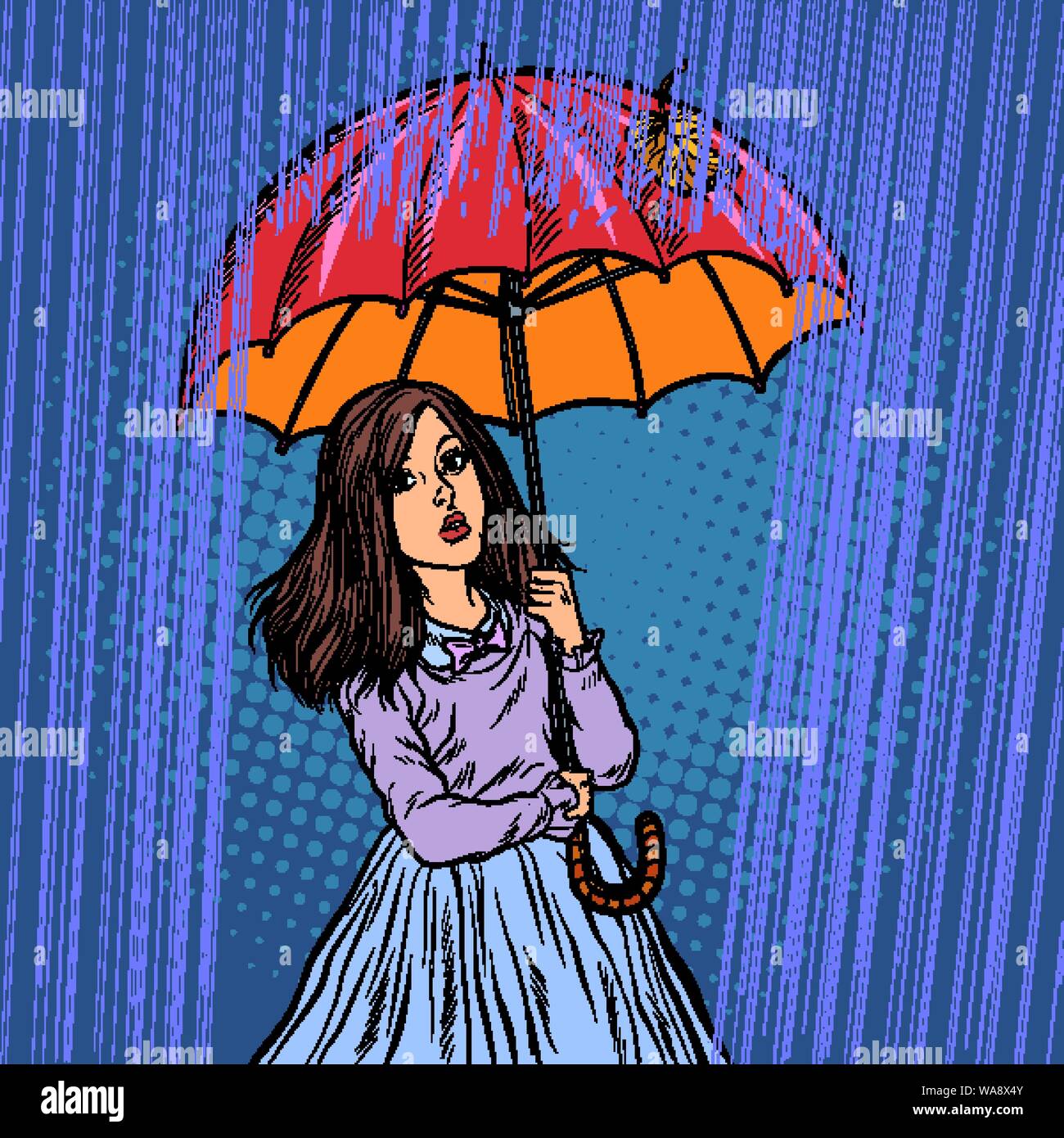 girl in the rain under an umbrella. Pop art retro vector illustration drawing Stock Vector