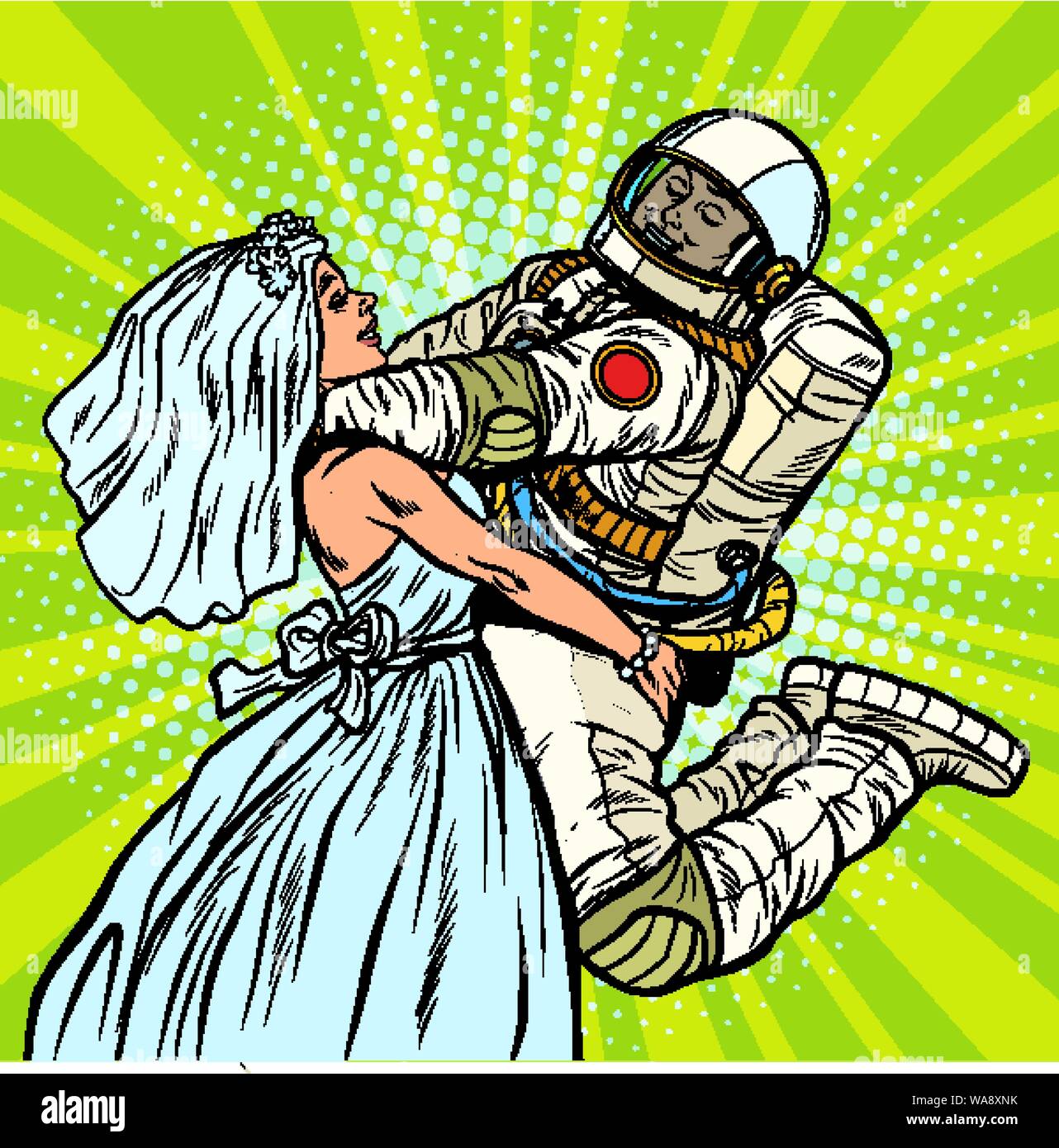 bride and groom at the wedding. astronaut and his wife. Pop art retro vector illustration drawing Stock Vector