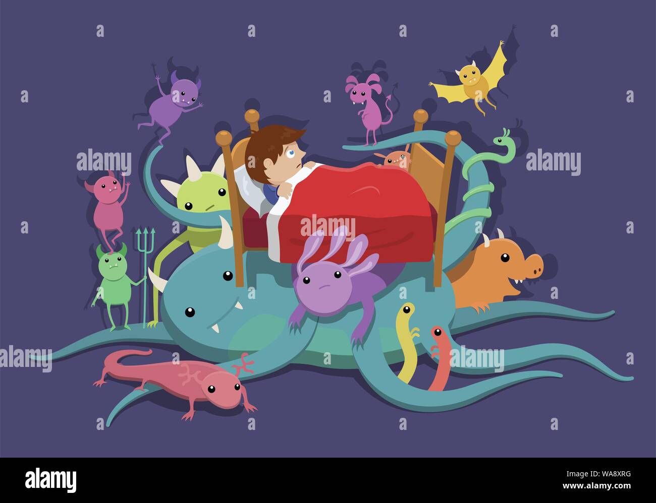 A boy lays awake and scared of the monsters which are appearing from under his bed Stock Vector