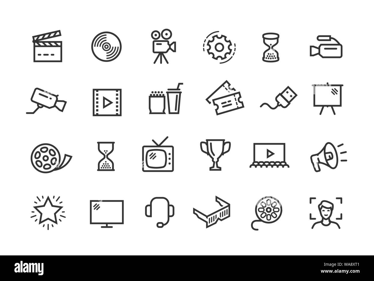 Cinema, movie line icons set. Collection vector black outline logo for mobile apps web or site design Stock Vector