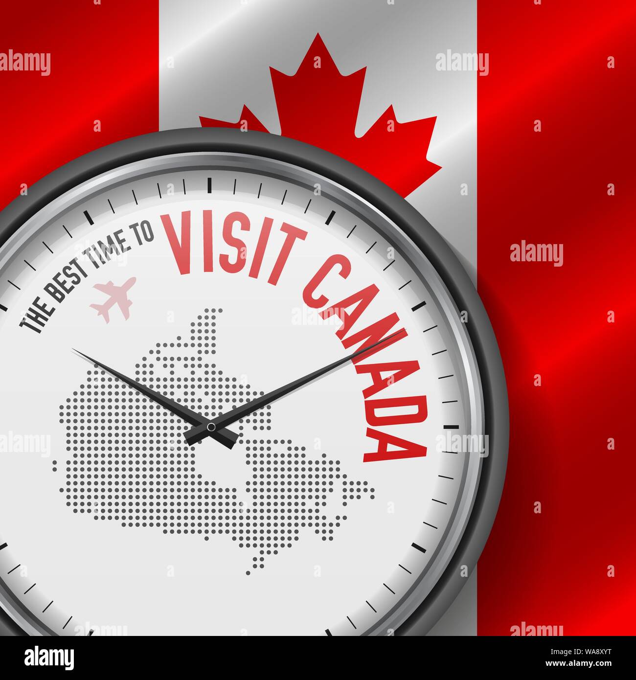 The Best Time to Visit Canada. Travel to Canada. Tourist Air Flight. Waving Flag Background and Dots Pattern Map on the Dial. Vector Illustration. Stock Vector