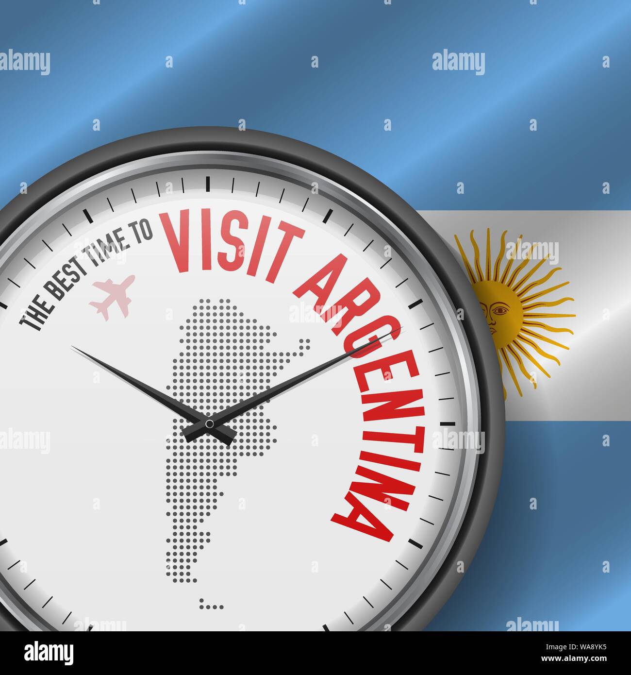 The Best Time to Visit Argentina. Travel to Argentina. Tourist Air Flight. Waving Flag Background and Dots Pattern Map on the Dial. Vector Illustratio Stock Vector