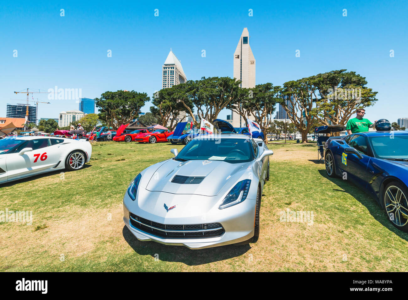San Diego/USA - August 11, 2019 Main Street America Corvette Car Show in Marina Park North - Seaport Village in San Diego, California Stock Photo