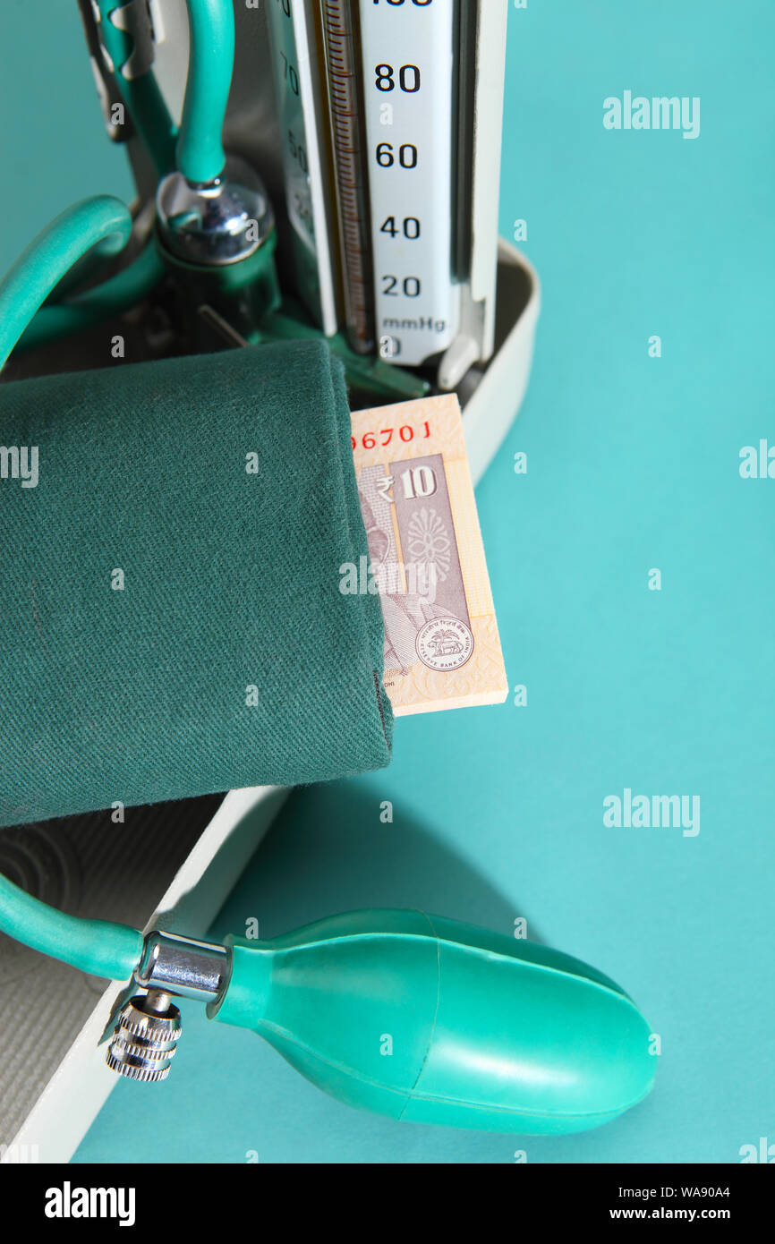 Blood pressure gauge with banknote represent medical expense Stock