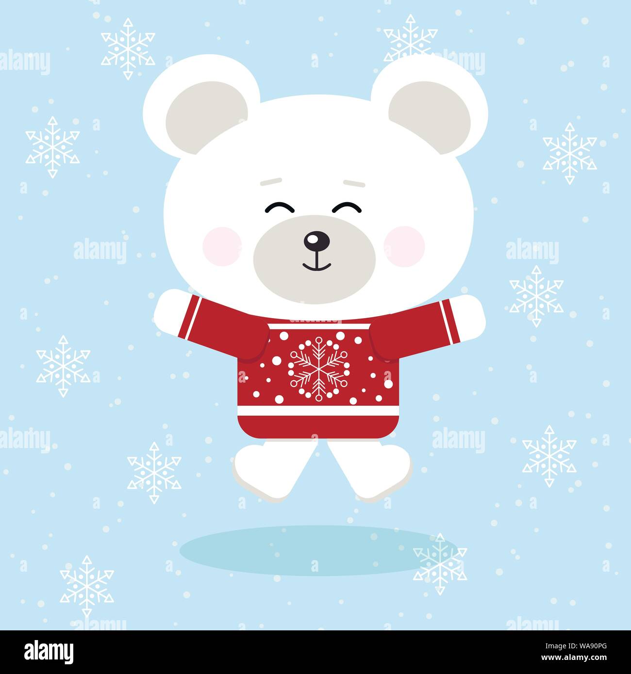Isolated cute happy christmas polar bear in red sweater in snow background. Stock Vector