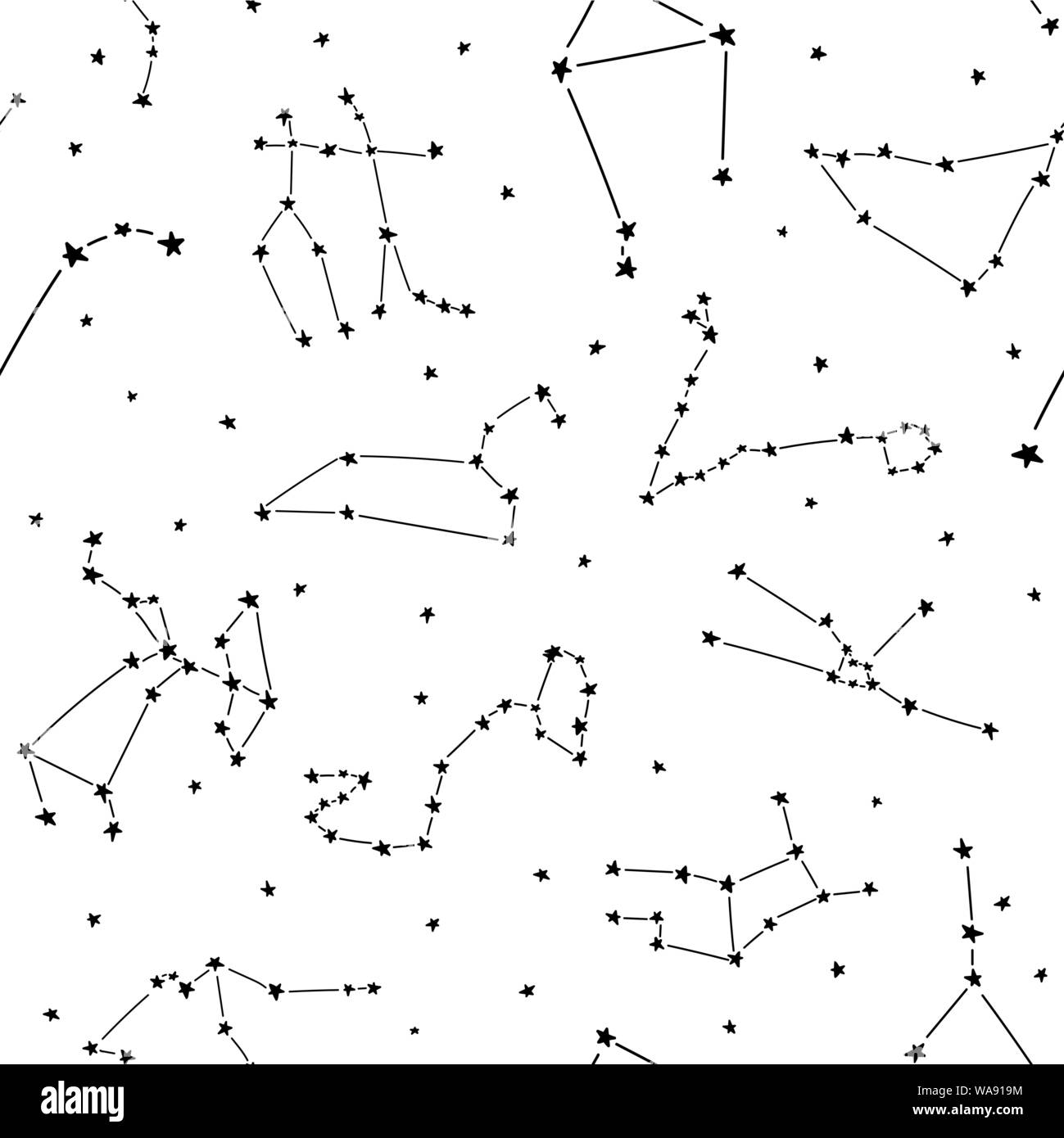 Seamless constellation stars vector pattern. Suitable for textile, print, decoration, clothes. Stars on night sky. Good night dreams. Pajamas design s Stock Vector