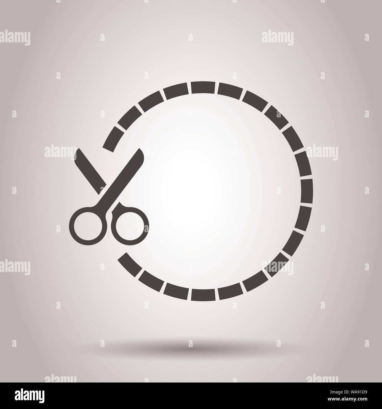 Coupon cut lines icon in flat style. Scissors snip vector illustration on isolated background. Sale sticker business concept. Stock Vector