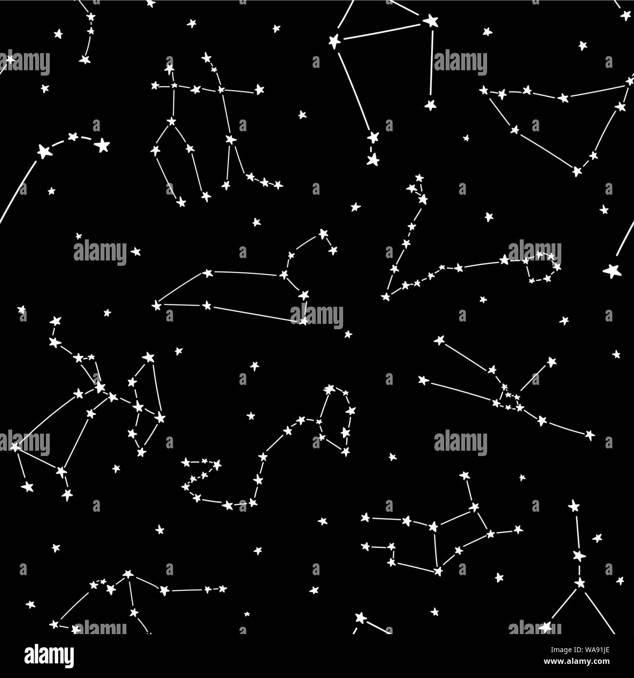 Seamless constellation stars vector pattern. Suitable for textile, print, decoration, clothes. Stars on night sky. Good night dreams. Pajamas design s Stock Vector
