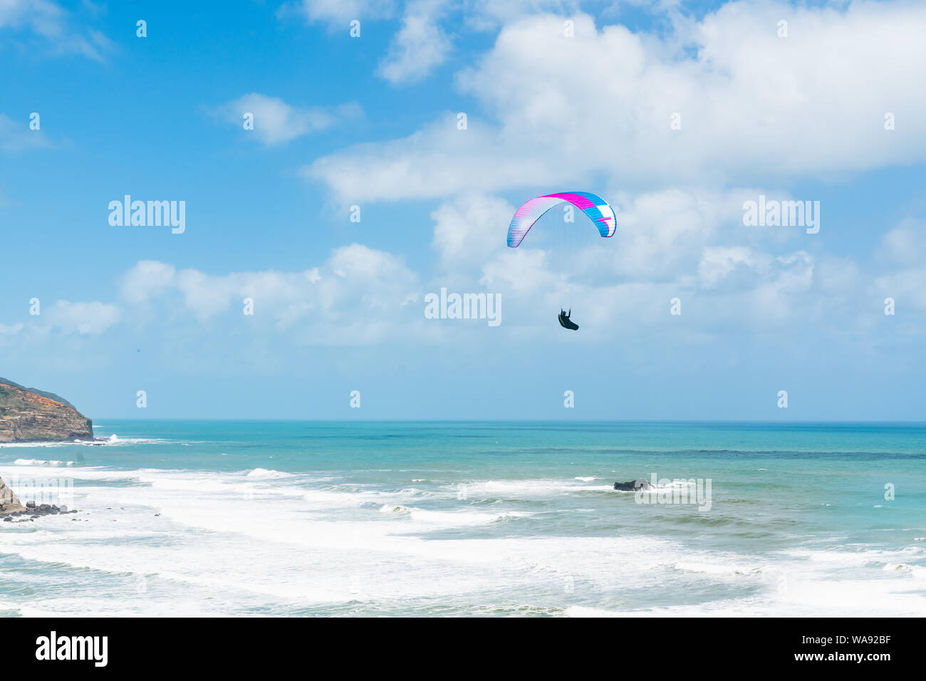 Paragliding. Flying Above Muriwai Beach, Auckland Area, North Island of New Zealand Stock Photo